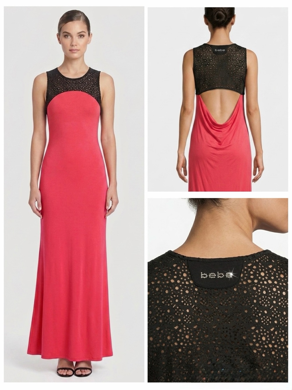 Bebe Laser Cut Lantern Open Back Maxi Dress Swarovski Crystal Bright Fuchsia Y2K